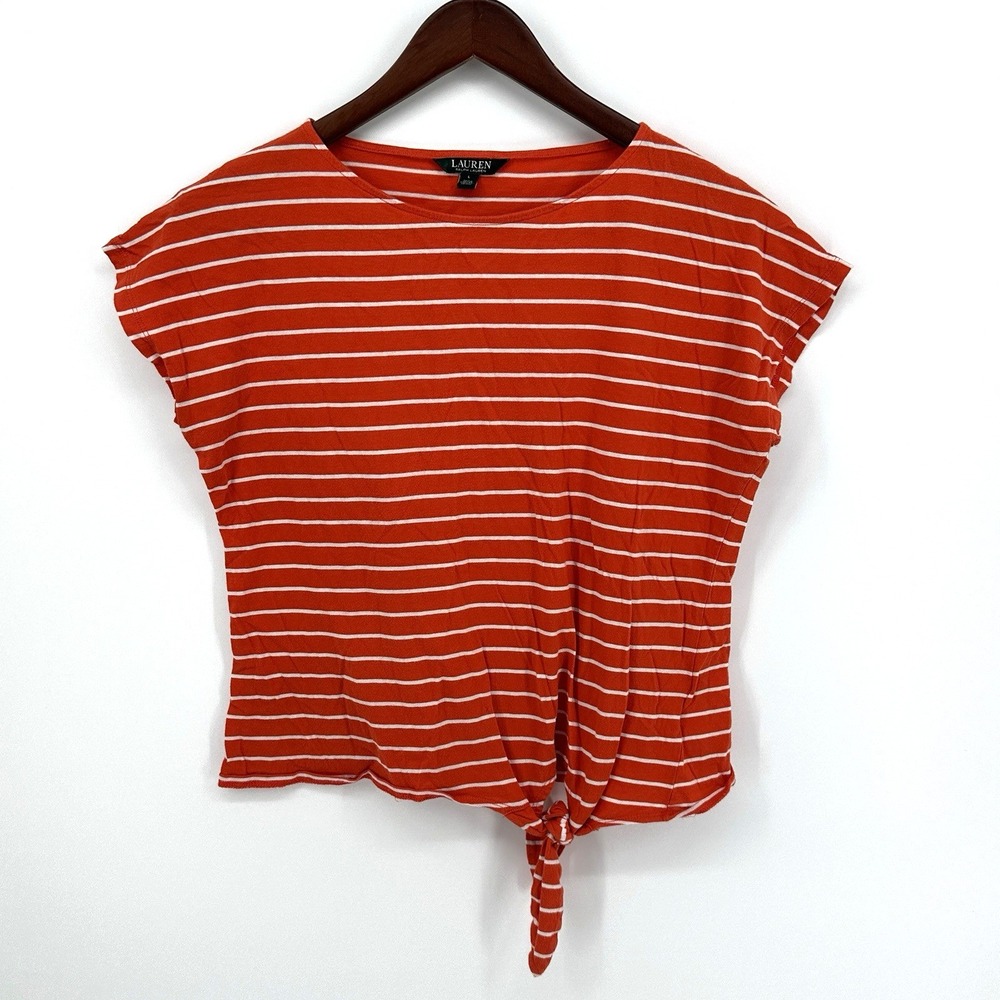 Lauren Ralph Lauren Women's Size L Short Sleeve Front Tie Top Orange White